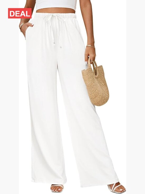 Pants - Flowy High Waist Wide Leg Linen Palazzo Pants Summer Beach Casual Trousers